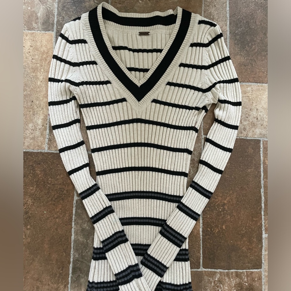 Poof! Cream & Black Striped V-Neck Ribbed Sweater